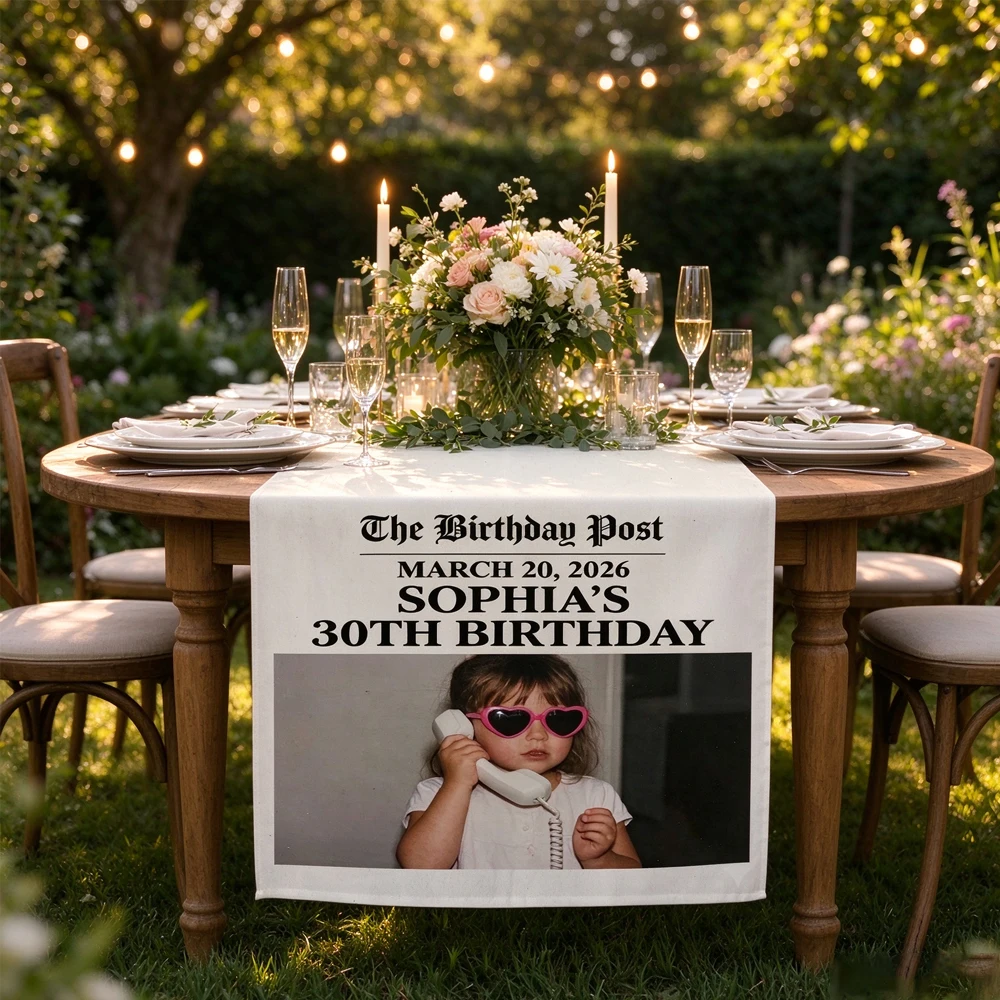 Personalized Newspaper Style Table Runner, Custom Photo & Text Birthday Table Decor, Customized Birthday Party Table Runner