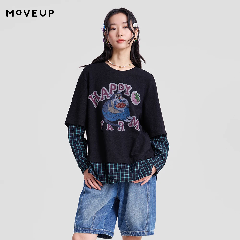 

Футболка MOVEUP с длинным рукавом и круглым вырезом, весна 2026, новая модель, с забавным принтом, имитация двухслойности, в клетку, для женщин, 3ELC10576