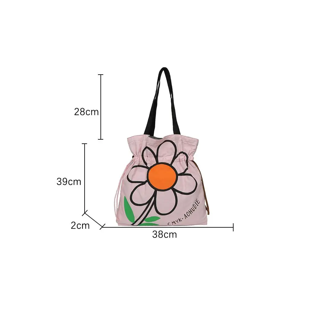 Fashion Cartoon Sunflower Printed Shoulder Bag Rope Drawstring Design Large Capacity Tote Bag Durable Women's Handbag