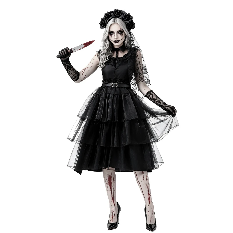 Gothic Black Zombie Bride Costume, Tiered Tulle Dress with Lace Veil Rose Headpiece, Horror Outfit for Halloween Party Cosplay