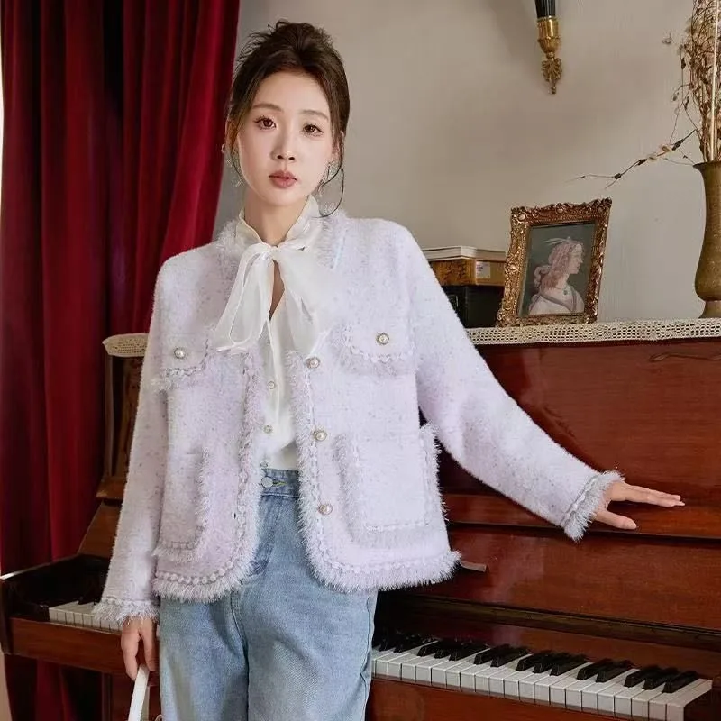 

Высококачественный новый стильный ароматный стильный кардиган, светская верхняя одежда, стильная весенняя женская одежда с вязаным пальто с имитацией норки