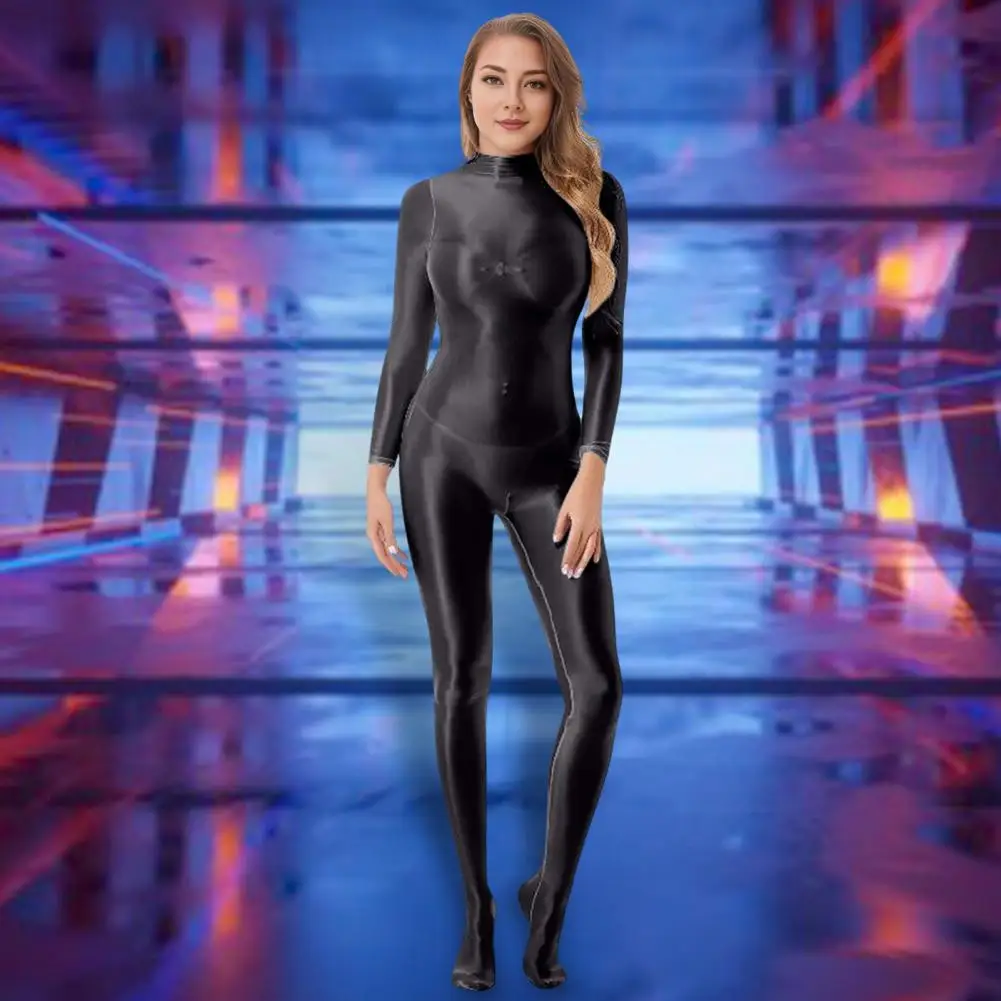 

Lady Glossy Bodystocking Stretchy Long Sleeve Jumpsuit Zipper Shiny Smooth Leotard Catsuit For Dance Practice Club Pole Dance