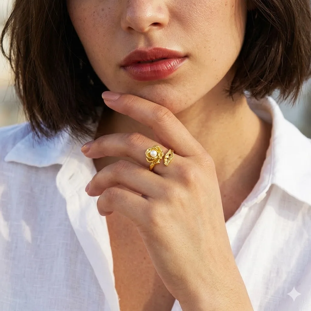 St-Delan Romantic 18K Gold Plated Rose Flower Pearl Rings for Women Stainless Steel Leaf Open Ring Aesthetic Floral Jewelry Gift