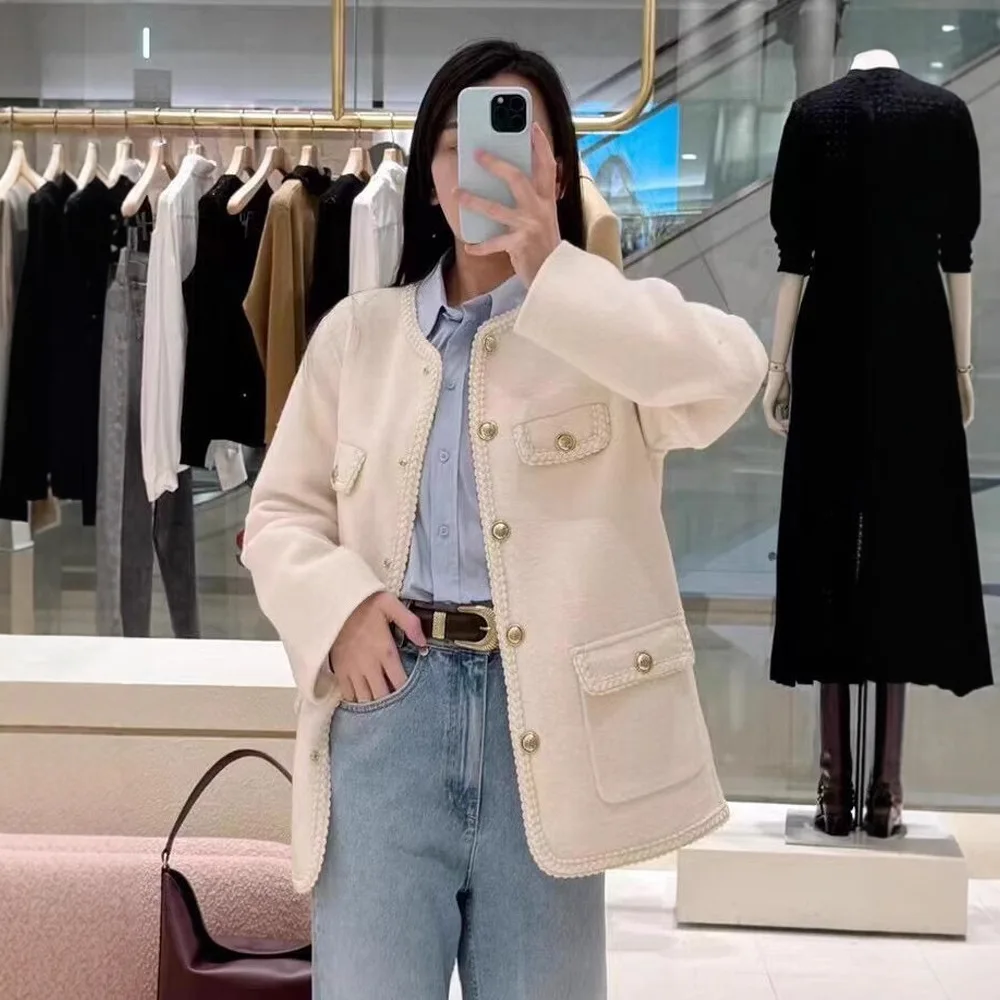 Temperamento jaqueta versátil deslocamento em torno do pescoço de lã único breasted cardigan topo s casa outono e inverno novo estilo casacos