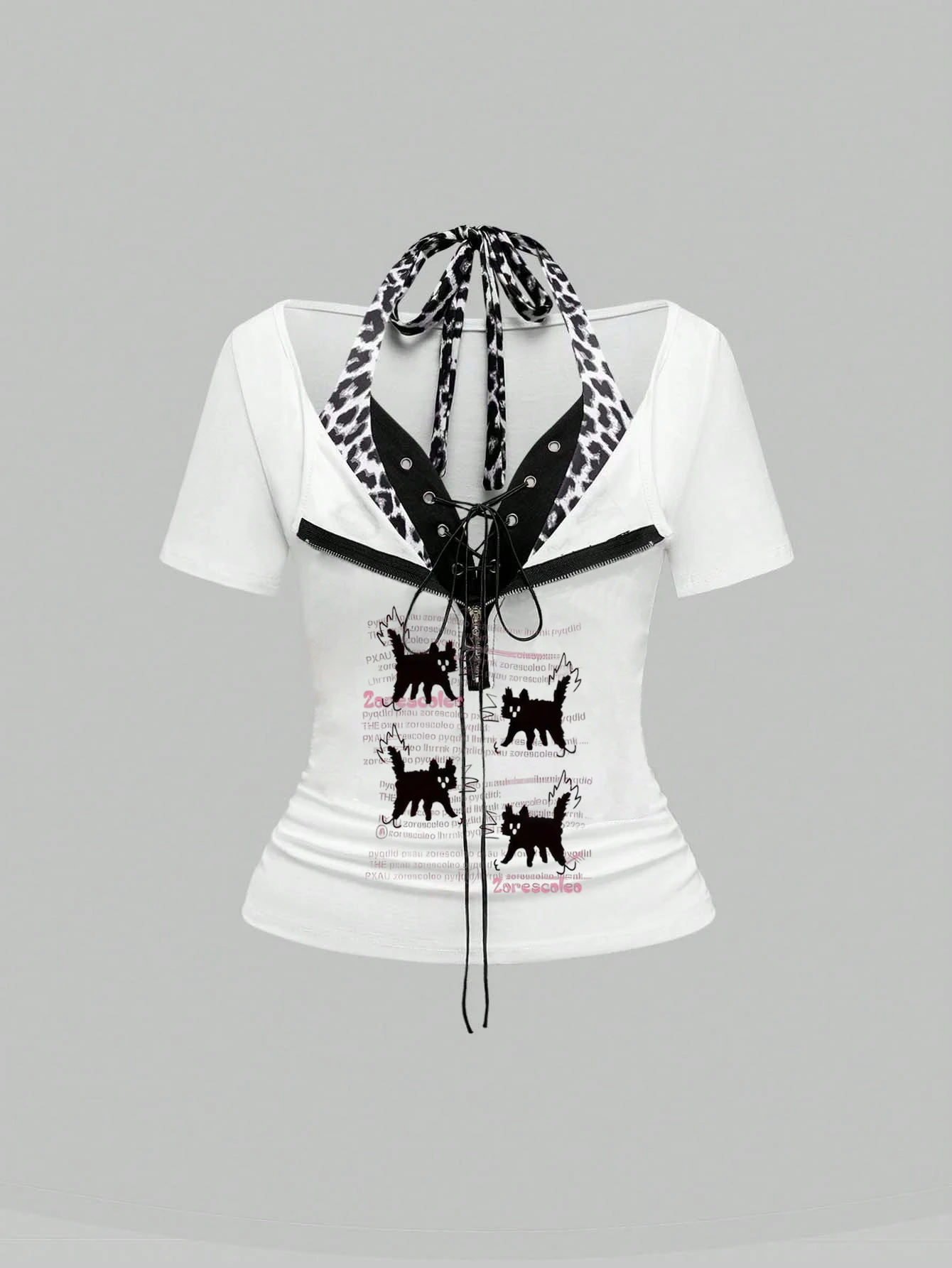 

2025 Summer New Fashionable Street Versatile T-shirt Gothic Punk Kitten Printed Pattern Women's Top Y2k Clothing