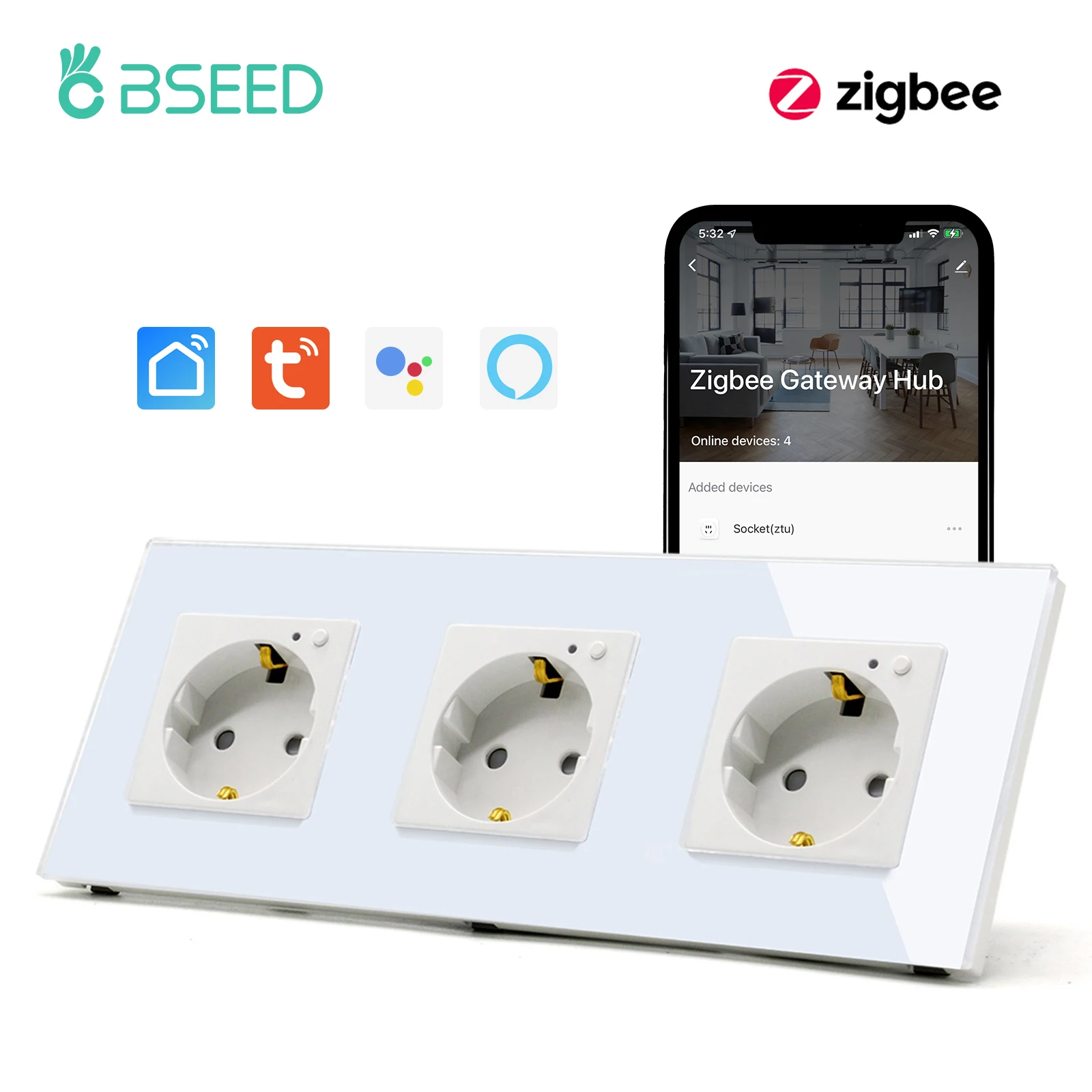 BSEED EU Standard ZigBee Wall Sockets Triple Sockets 16A Power Sockets Glass Panel Support Tuya App Google Alexa Voice Control