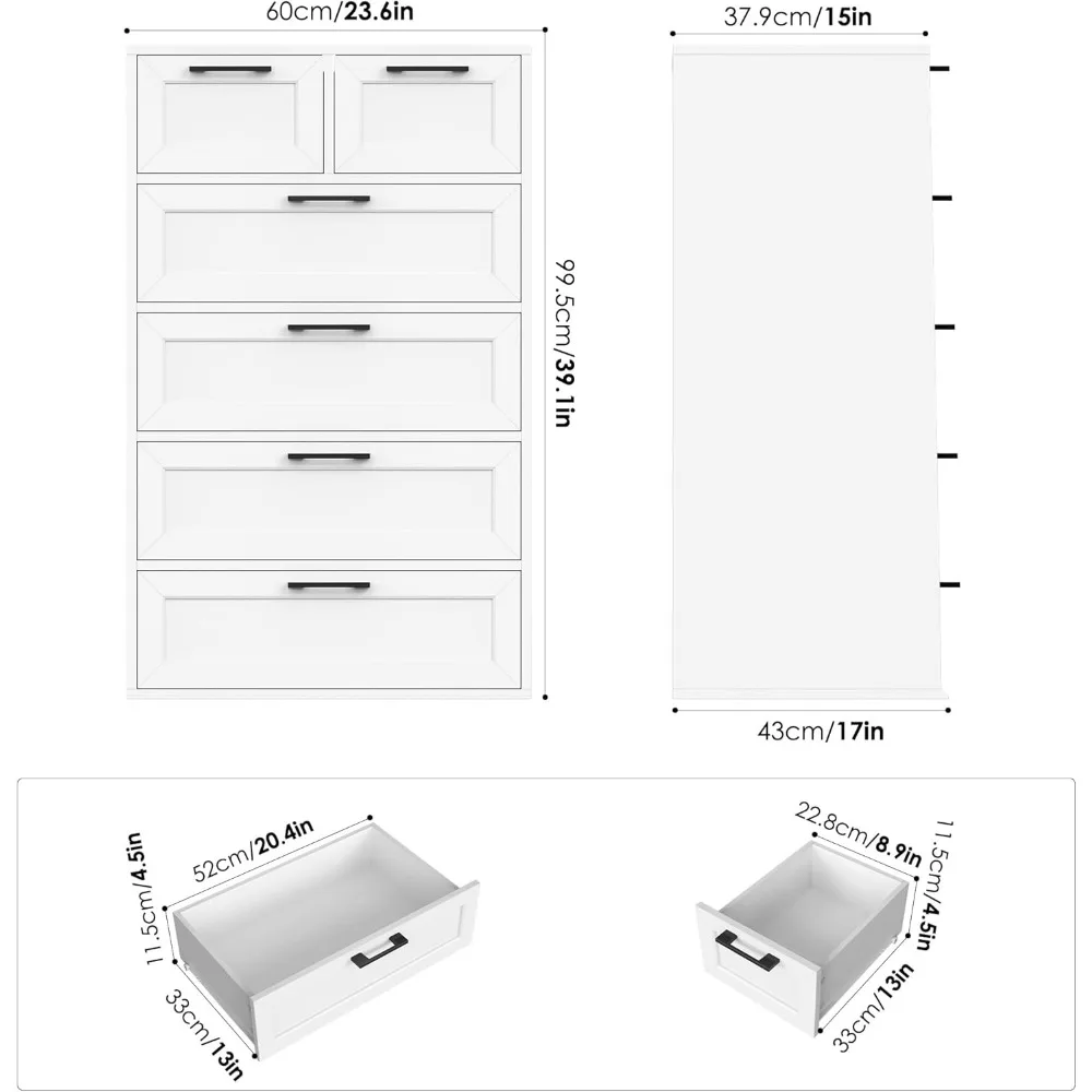 Dresser for Bedroom, Tall Dresser with 6 Drawers, Trapezoidal Design Chest of Drawers, Bedroom, Hallway, Entryway, White Dresser