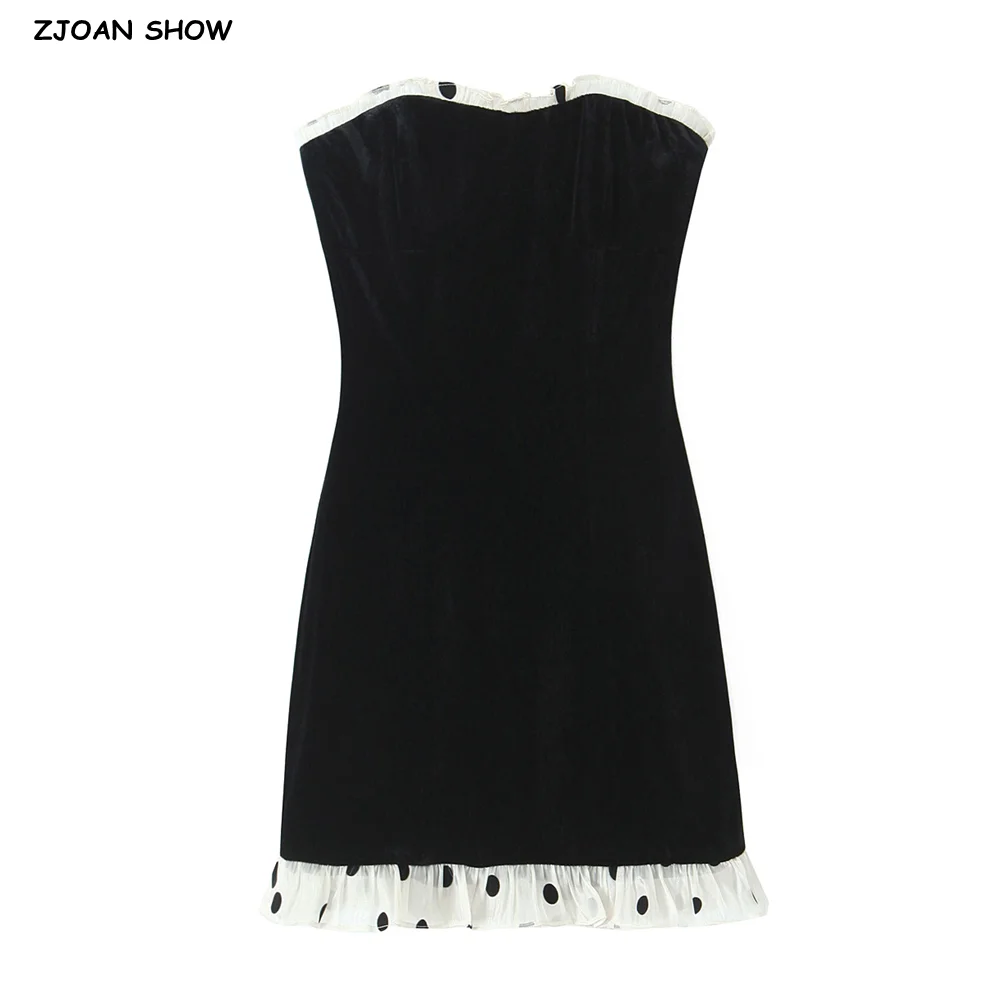 2024 Sexy Zwart Velours Gesplitst Houten Oren Witte Stip Zoom Mini Strapless Jurk Vrouwen Slanke Taille Pakket Heupen Potlood Party Gewaad