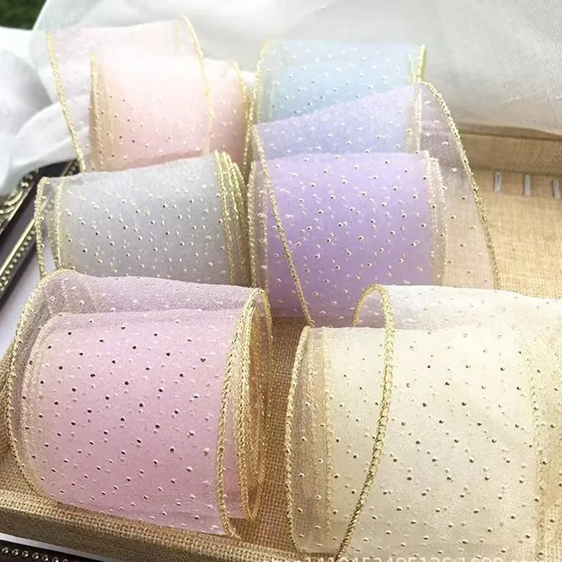 25 Yards Gold Edge Lock Ribbon Gold  Dots Ribbon 6CM DIY Hair Bows Crafts Handmade Accessories 60MM Organza