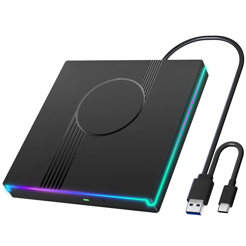 

Внешний привод CD/DVD RGB для портативных ПК, портативный DVD-плеер USB 3.0 Type-C, записывающее устройство компакт-дисков + оптический привод/-RW для Windows 10/11 Mac OS