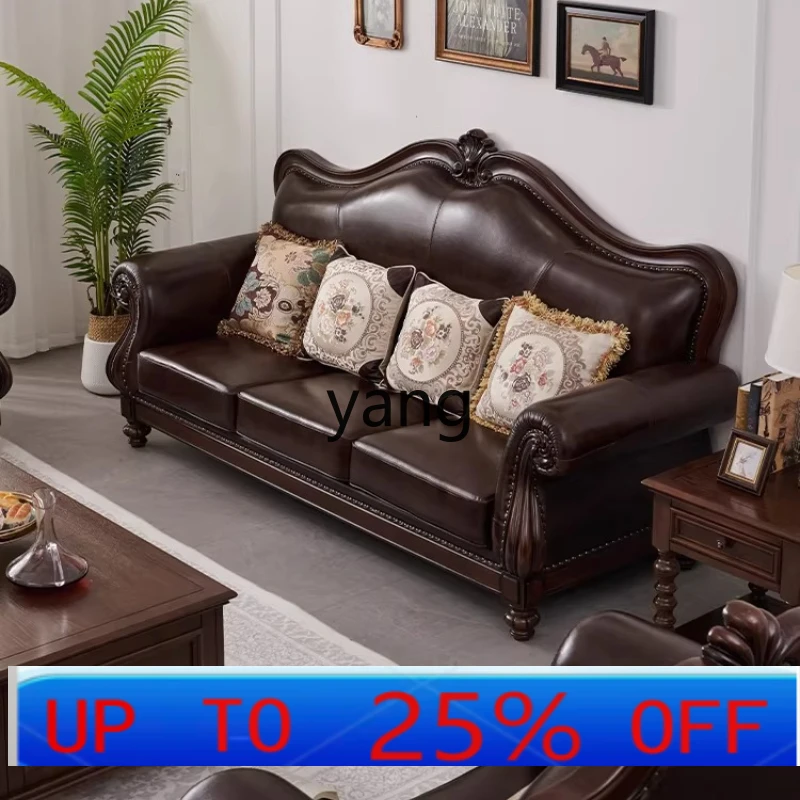 

LTT American retro solid wood leather sofa living room straight row four people