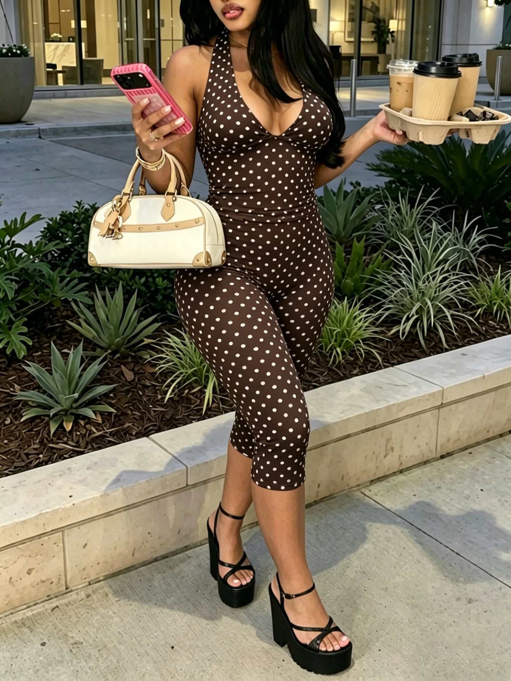 Women Polka Dot 2 Pcs Outfit Halter Crop Top Capri Pants, Night Out Vacation Bathing Suit Cover Up