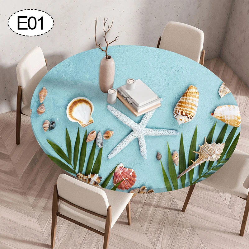 60/90/120cm Round Table Cover Waterproof Oil Resistant Fabric Sea Shells Elastic Tablecloth For Home Restaurant Kitchen Decor