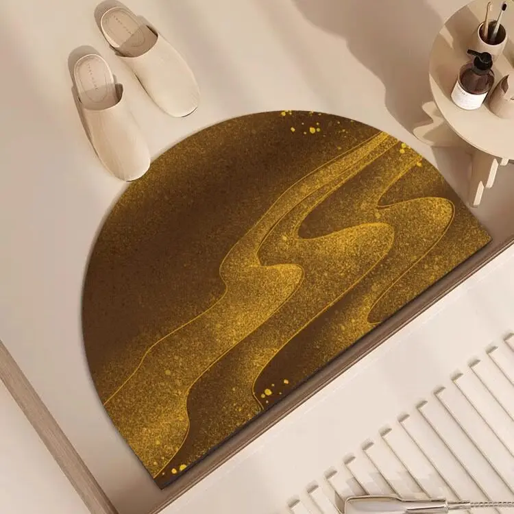 VIKAMA Golden Marble Fluid Semicircle Bath Mat Non Slip Washable Absorbent Rug Modern Abstract Bathroom Entryway Decor