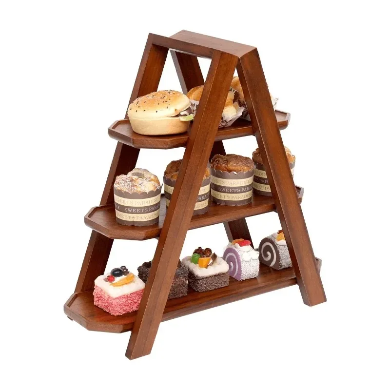 3-Tier Wooden Serving Tray Cake Stand Farmhouse Decor Tiered Serving Ladder Wood Serving Plate for Party Food-Serving Dishes