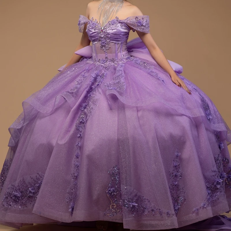 

Lavanda Shiny Ball Gown Quinceanera Dresses Applique Flower Beading Crystal Bow Tull Corset Off Shoulder Sweet 16 Dress Vestidos