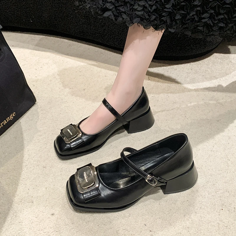 2024 Square Headed Women's Shoes 2024 Spring New Leather Shoes French Style Ladies Thick Heeled Mid Heeled Shoes Retro Mary Jane