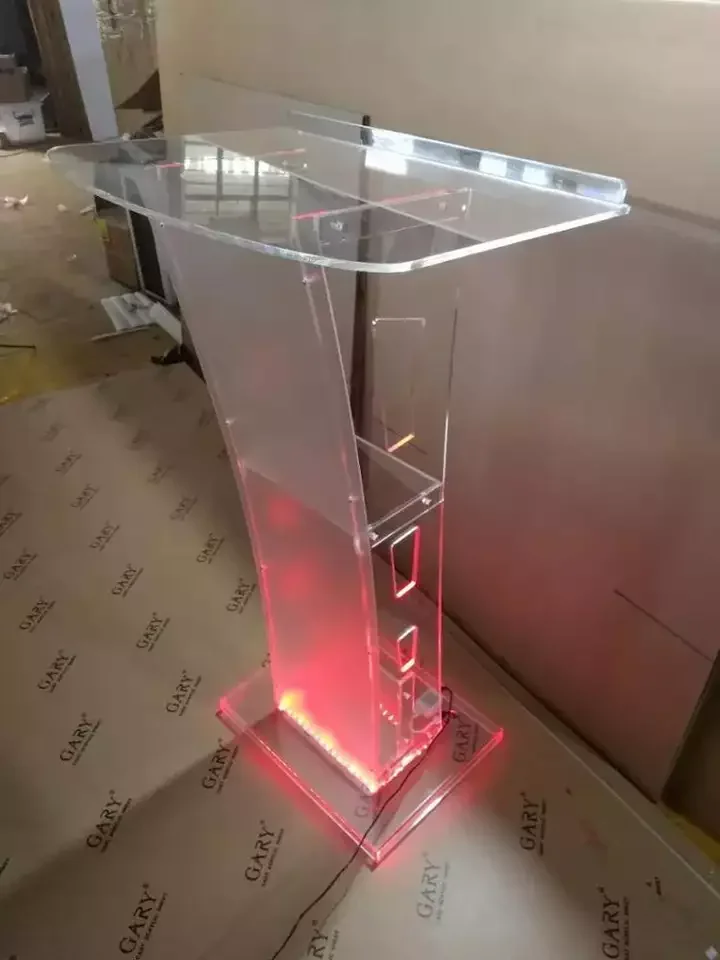 Custom Design Lighted Assembly Detachable Acrylic Lectern Stand Plexiglass Lecture Desk Perspex Church with Led Podium Platform