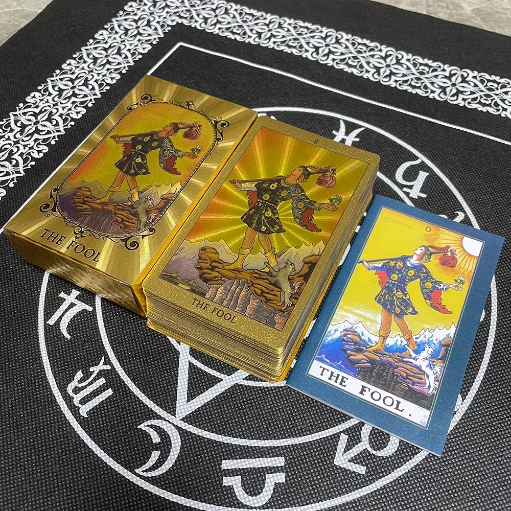 Cartas de Tarot de lámina dorada, accesorios de adivinación Whitch impermeables, juego de mesa clásico de Catan, profecía para principiantes, accesorios de autoaprendizaje para gatos