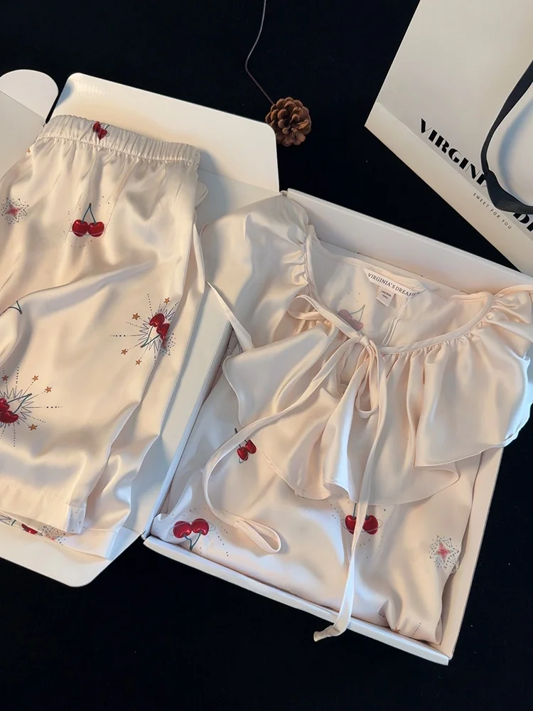 sweet-cherry-ice-silk-short-sleeve-sleepwear-women's-home-clothes-gift-for-girlfriend-best-friend-cute-girl's-nightgown