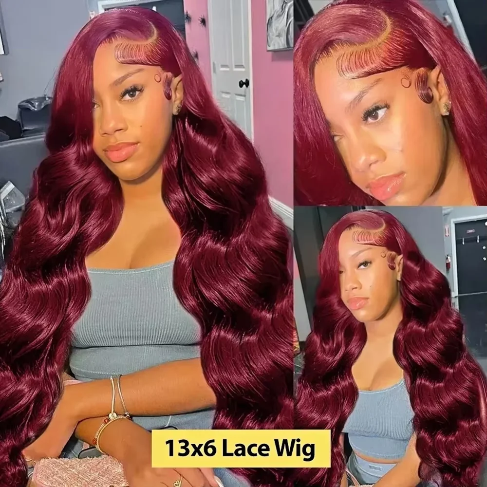 99J Red Body Wave 13x6 HD Transparent Lace Frontal Wigs Pre Plucked Brazilian 13x4 Lace Front Human Hair Wig 200% Density Burgundy 18-46 Inch Wigs For Women view 6