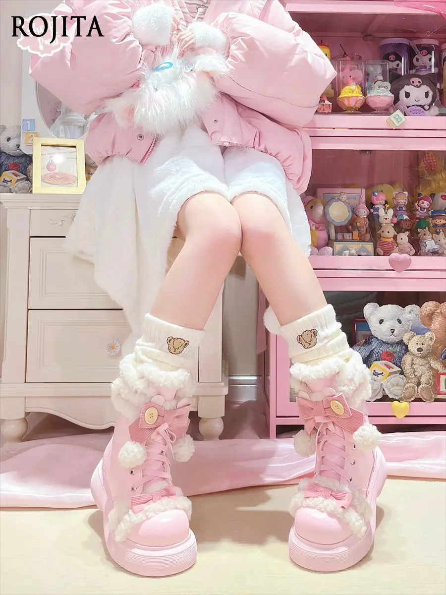 

Little Bear Boots Sweet and Cute Pink Mid-Calf Boots Winter Fleece-Lined Warm Thick-Soled Cotton Shoes Snow Boots for Women