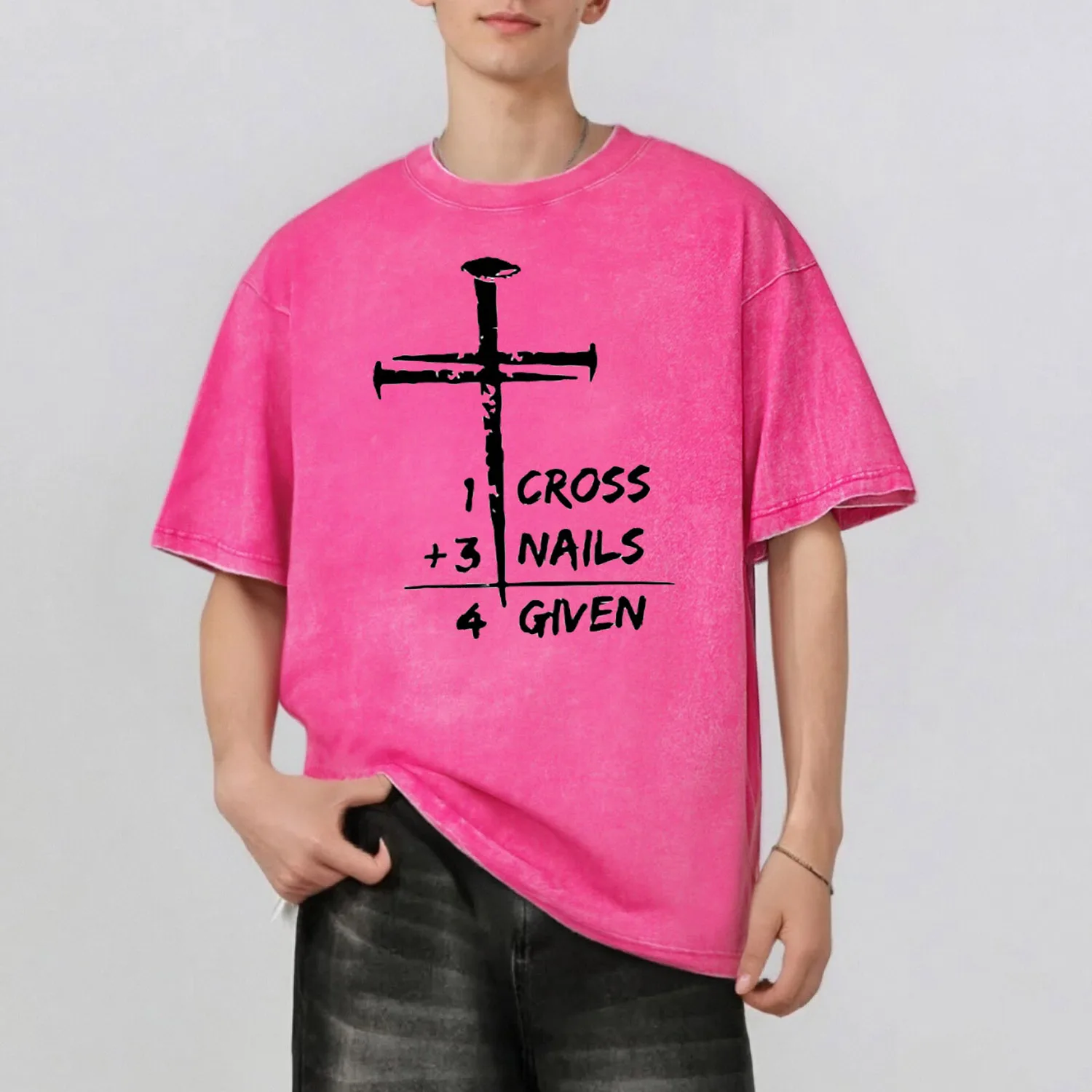 

Cross Graphic Print Fashion Retro Style Washed T-Shirt Casual Short Sleeve 100% Cotton Unisex Top 230G