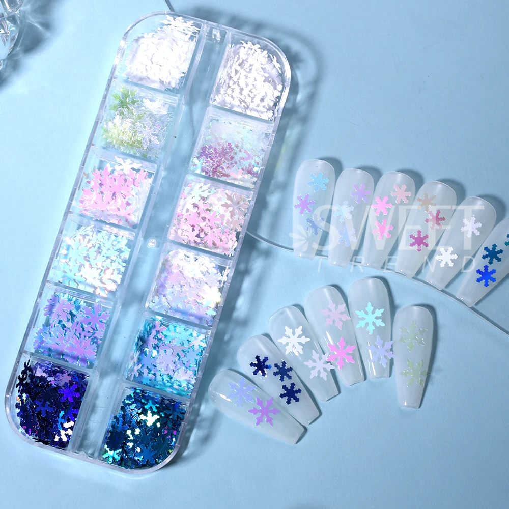 2 صناديق ندفة الثلج مسمار بريق الترتر المجسم الذهب الفضة Paillette رقائق مستديرة البولكا نقطة تصميم عيد الميلاد مانيكير ديكور