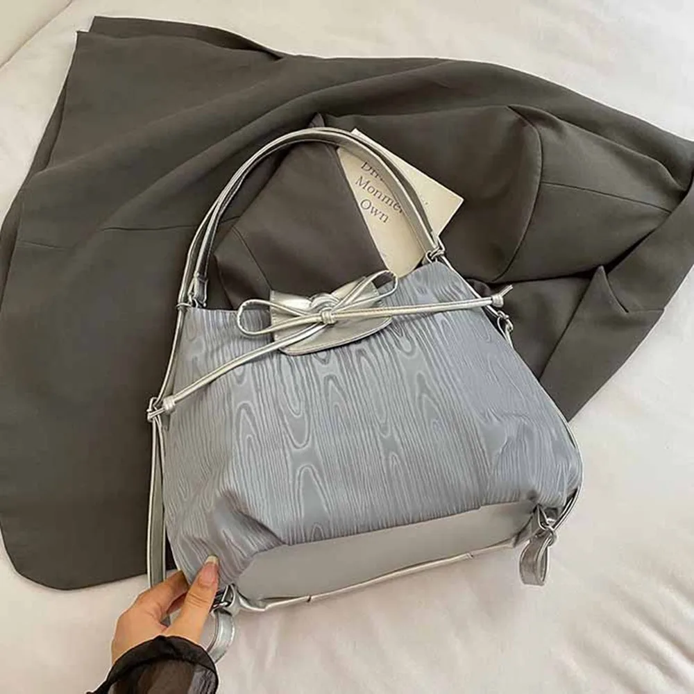 

Solid Color Silver Bow Backpack Korean Style Versatile Balletcore Shoulder Bag Large Capacity Versatile Handbag Women