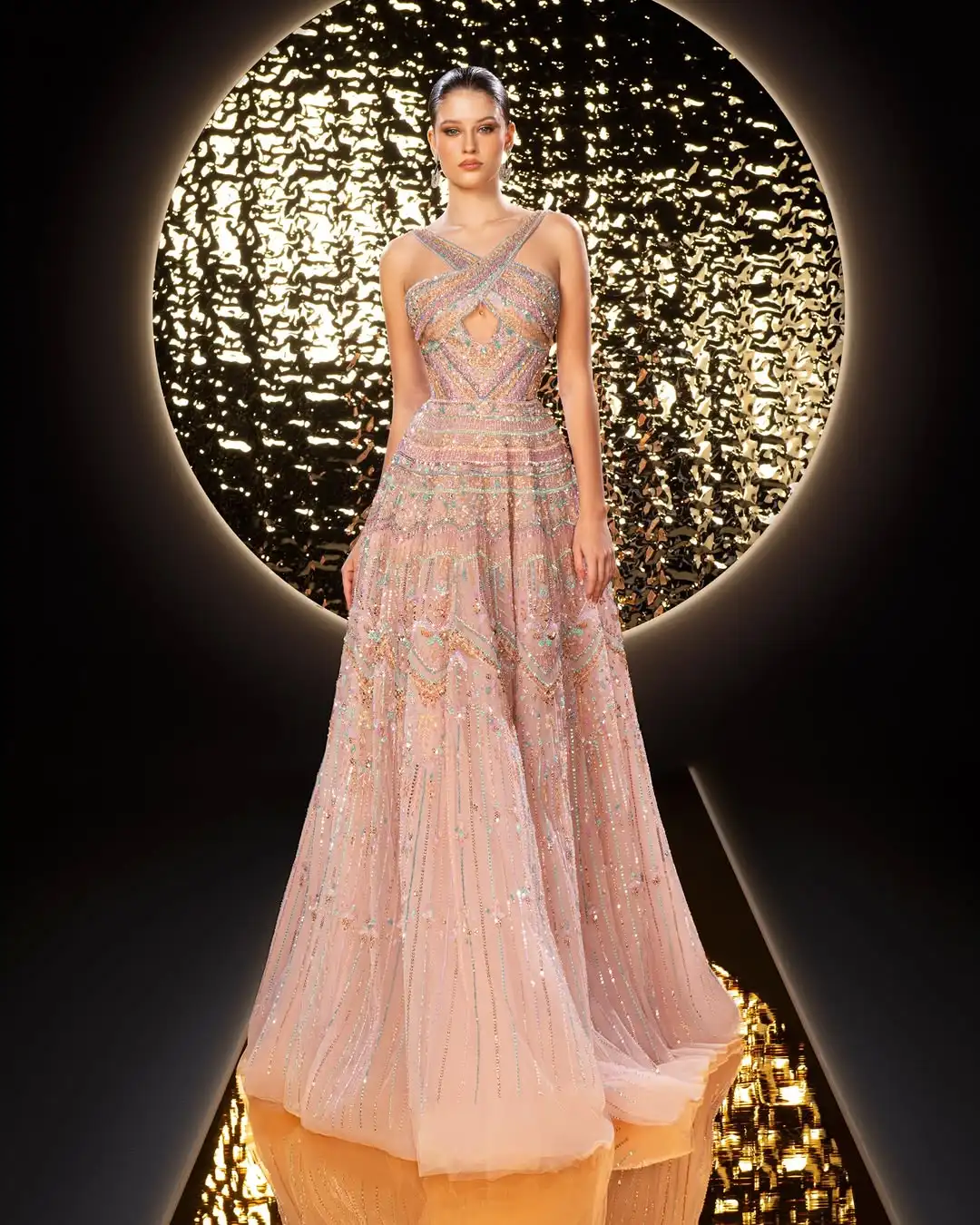 

Romantic Blush Pink Beaded Gown With Cross Halter Neck & Keyhole Flowy A-Line Skirt For Women