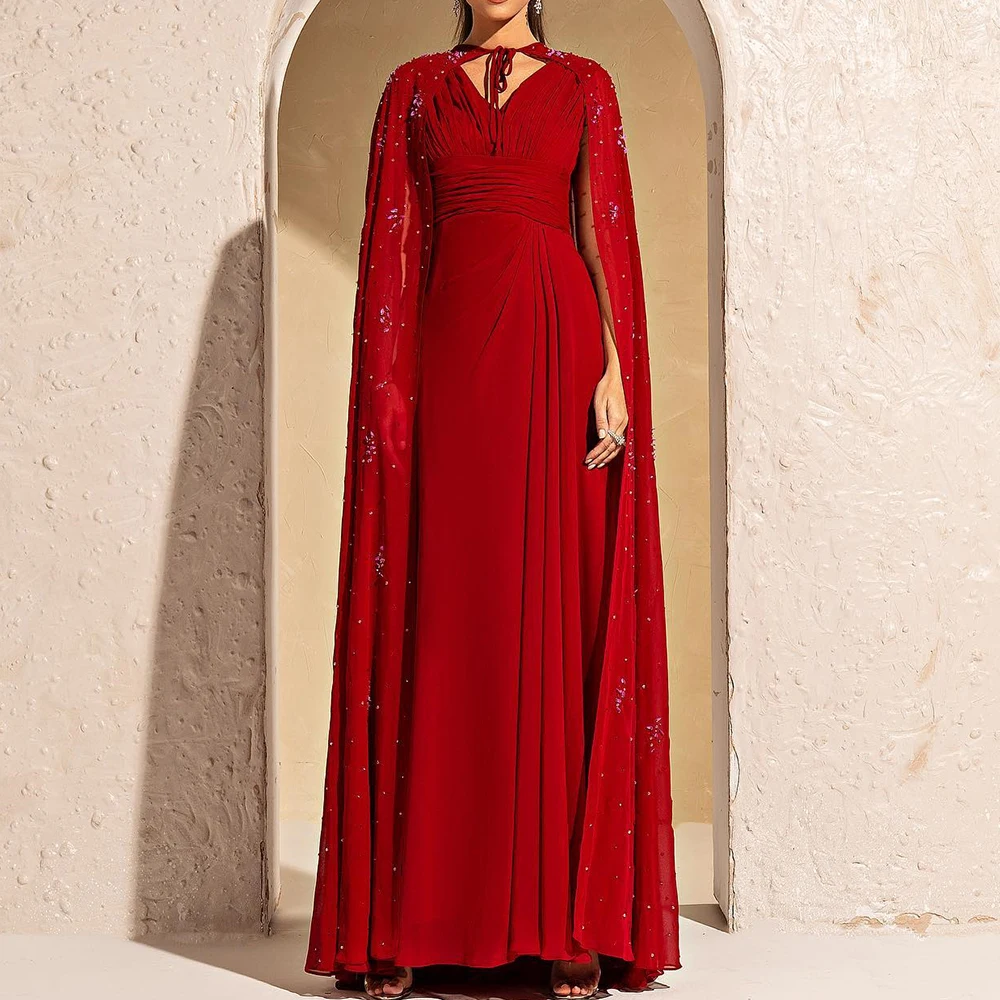 

Customized Jersey Straight Cap Sleeve shawl Crystal Evening Dress V-Neck Sleeveless Floor Length Red Watteau Train Delicate