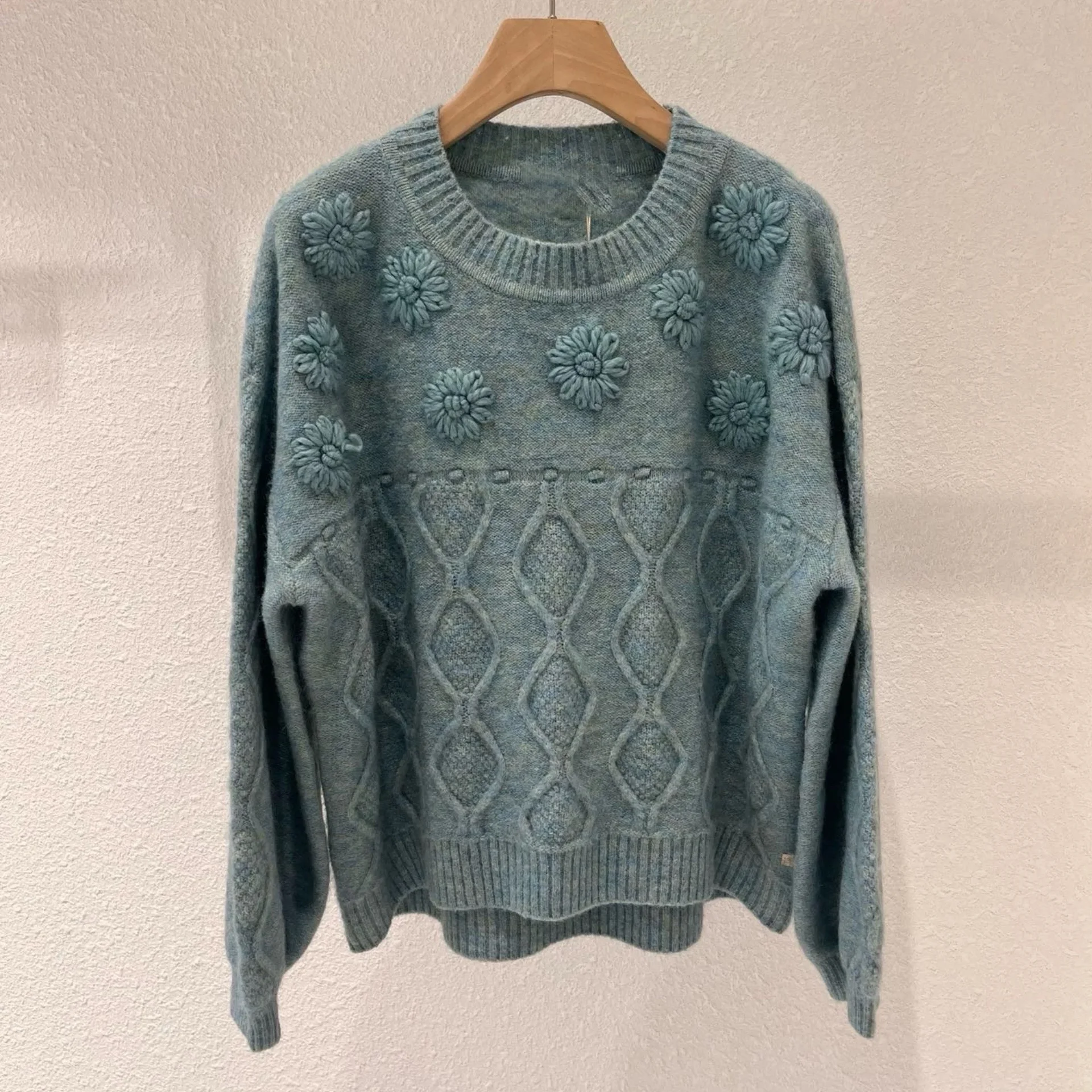 Pure Korean Sle Loose Strickpullover rund Ne Hooked Flower 3D Effect Winter Faion Damen Camere Strickwaren