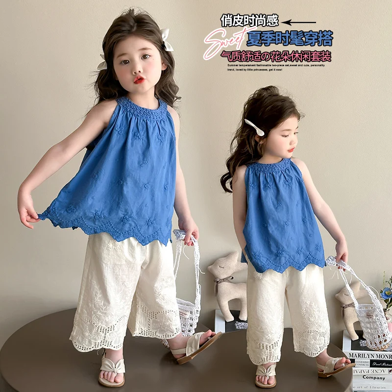 

Baby Girls Sets Simple Sleeveless Vest and Pants Cotton Suit 2026 Klein Blue Spring Summer New France Style Kids 2 Piece Sets
