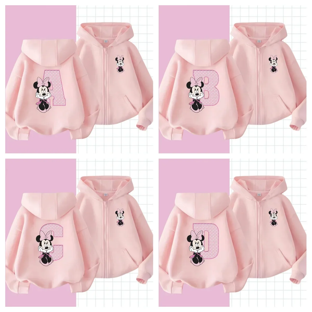 

Disney Minnie Children's zipper Hooded Hoodies Letter Sweatshirt Kawaii Pullover Anime Manga Cartoon Girls Boys Kids Clothin