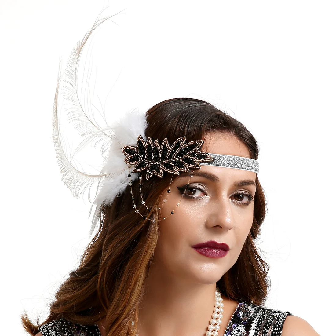 

Peacock Feather Elastic Hair Band with Butterfly, 1920s Flapper Gatsby Feather Headband, 20s Beaded Showgirl Headpiece