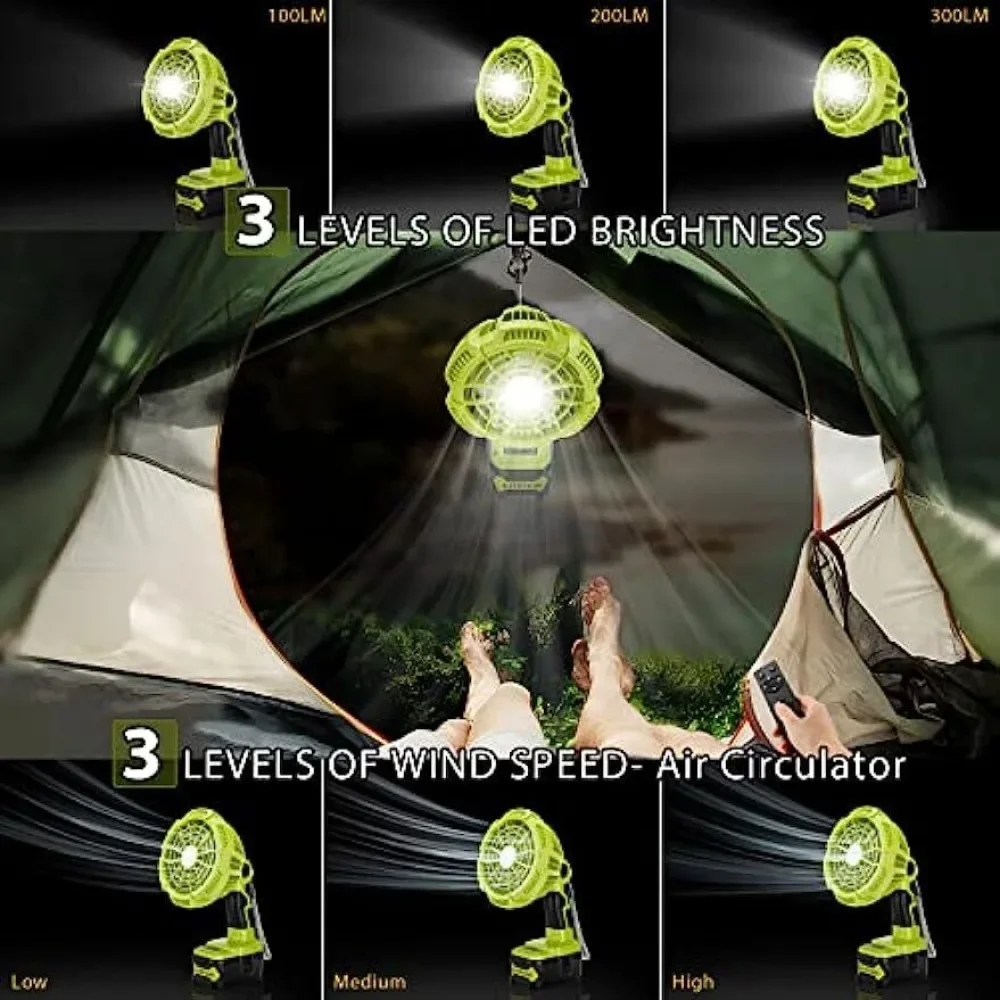 Imagem -03 - Ventilador de Camping Portátil com Controle Remoto Alimentado para Bateria Ryobi 18v Li-ion Ni-cd Ni-mh Velocidade Led 9w Luz de Trabalho Viagem