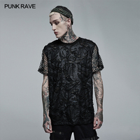 PUNK RAVE Men's Goth Daily Wear Knited Broken Holes Splices Mesh Short Sleeve T-shirt Fashion Personality Casual Loose Tees