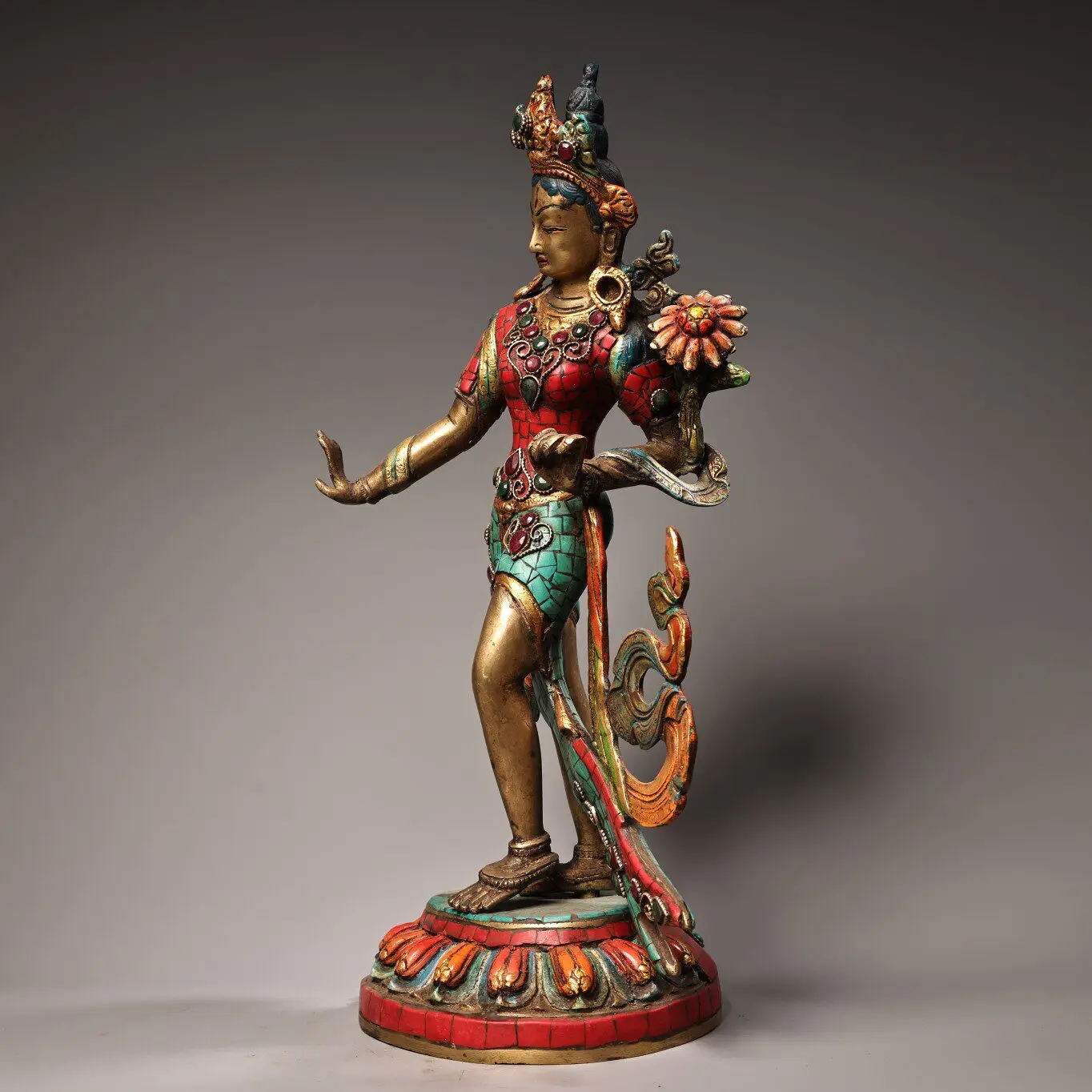 Tibetan Old Copper Gem Inlaid Painted Gold Highlight Standing Green Tara Statue Heavy Patina
