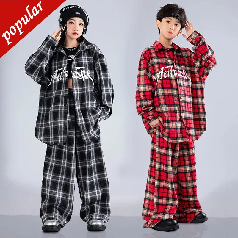 

Крутая клетчатая рубашка в стиле хип-хоп для мальчиков, брюки для уличных танцев, блузка K-pop для девочек, мешковатые спортивные штаны, детская уличная одежда, комплекты детской джазовой одежды