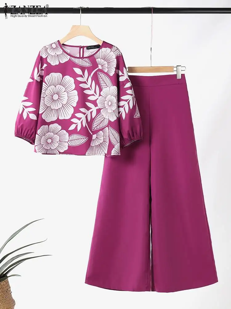 2024 ZANZEA Summer Suit Women Elegant Pant Sets 2PCS Outifts 3/4 Sleeve Blouse Wide Leg Trousers Casual Printed Matching Sets