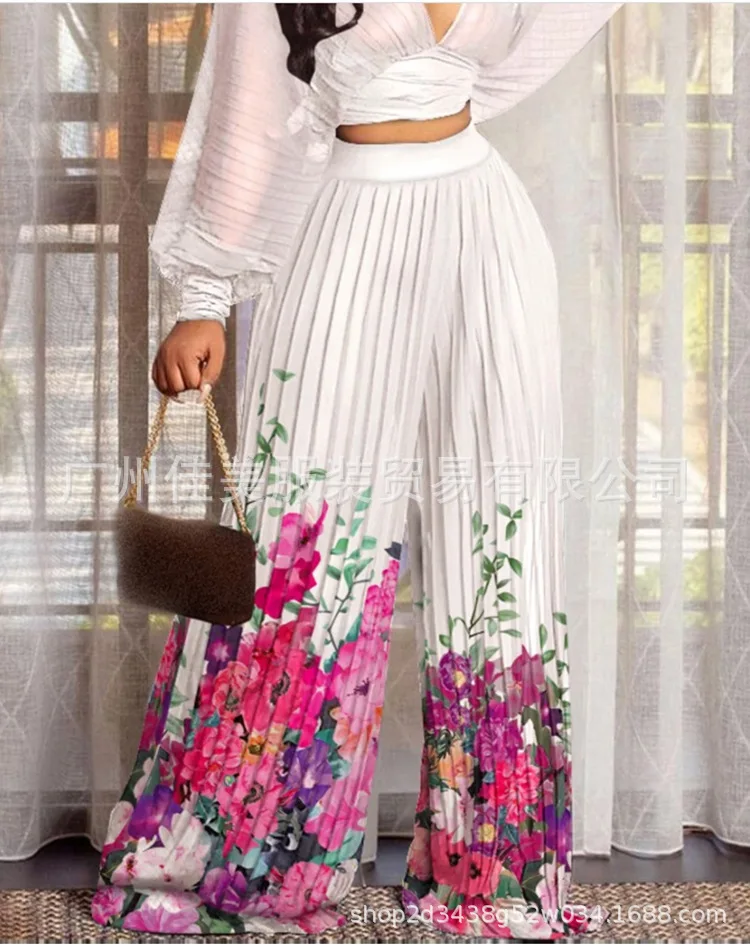 

Printed V-neck Bat-sleeved Pleated Pants Set, Colorful Wide-leg Pants, High Waist Spring And Summer New Fashion Women's Clothing