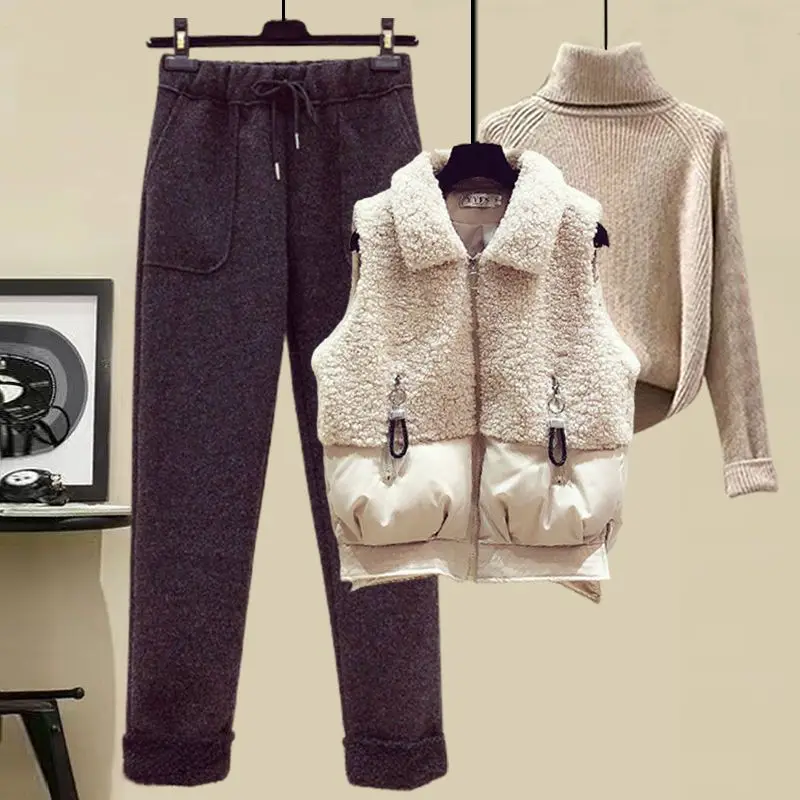 Autumn and Winter Women\'s Suit Lamb Wool Vest Thickened Cashmere Sweater High Waist Casual Woolen Trousers Three Piece Set