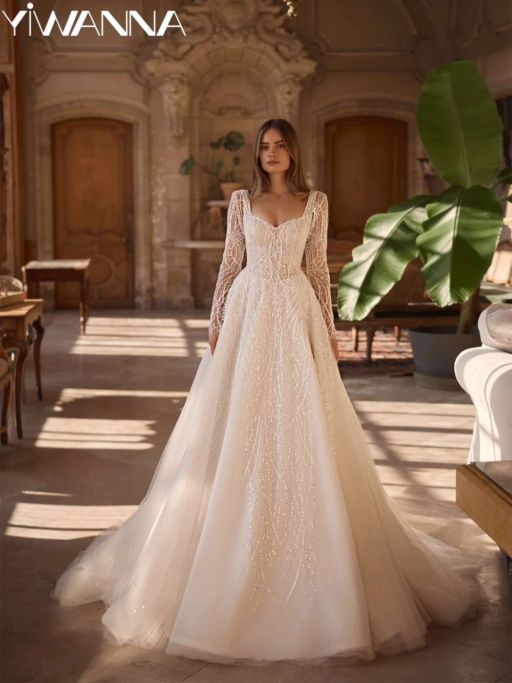

Glitter Beaded Tulle Wedding Dress Romantic Sweetheart Neck Bridal Gown Customized Long Sleeve Backless Dresses For Bride