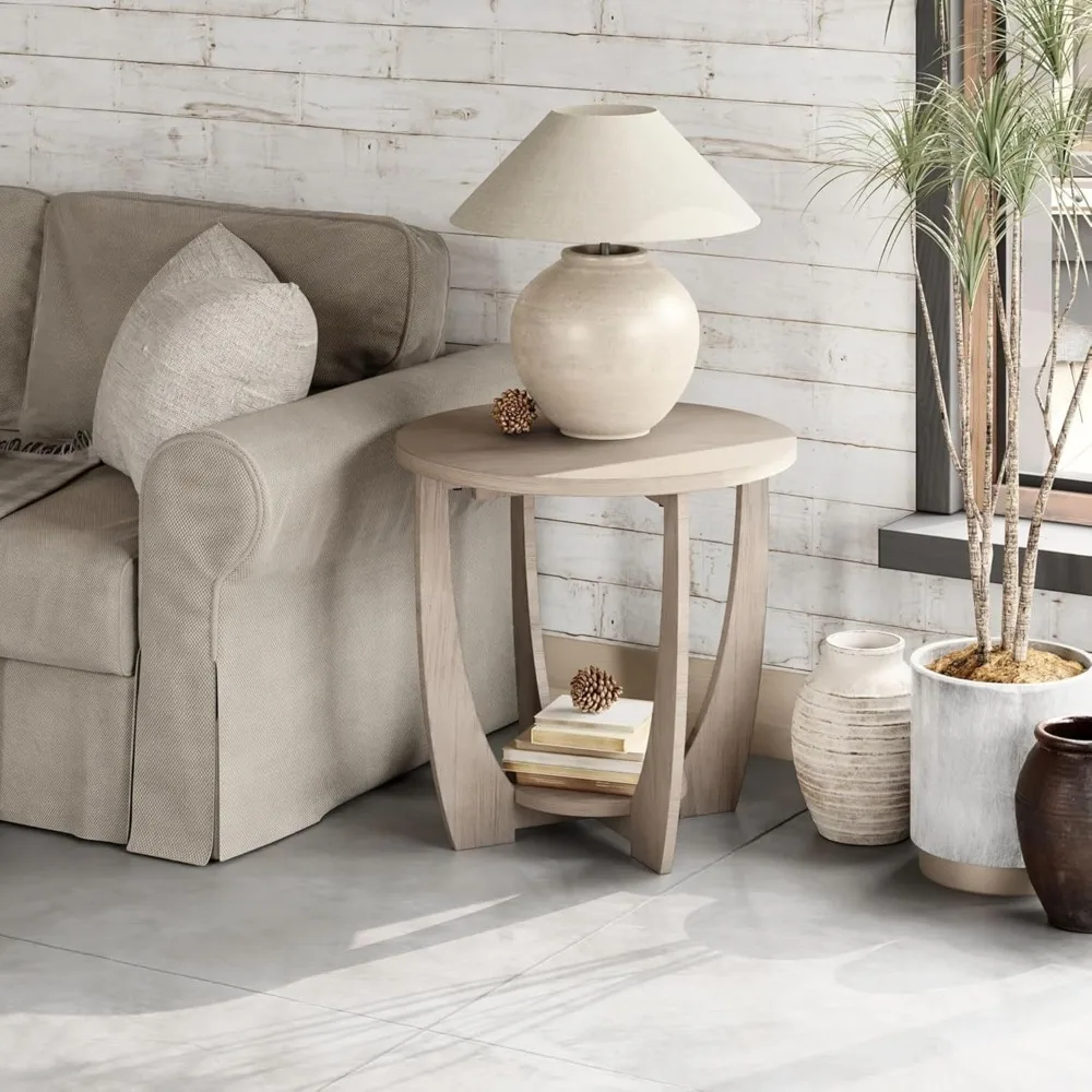

Farmhouse End Table with Storage Shelf, French Country Modern Round Accent Side Table for Small Spaces