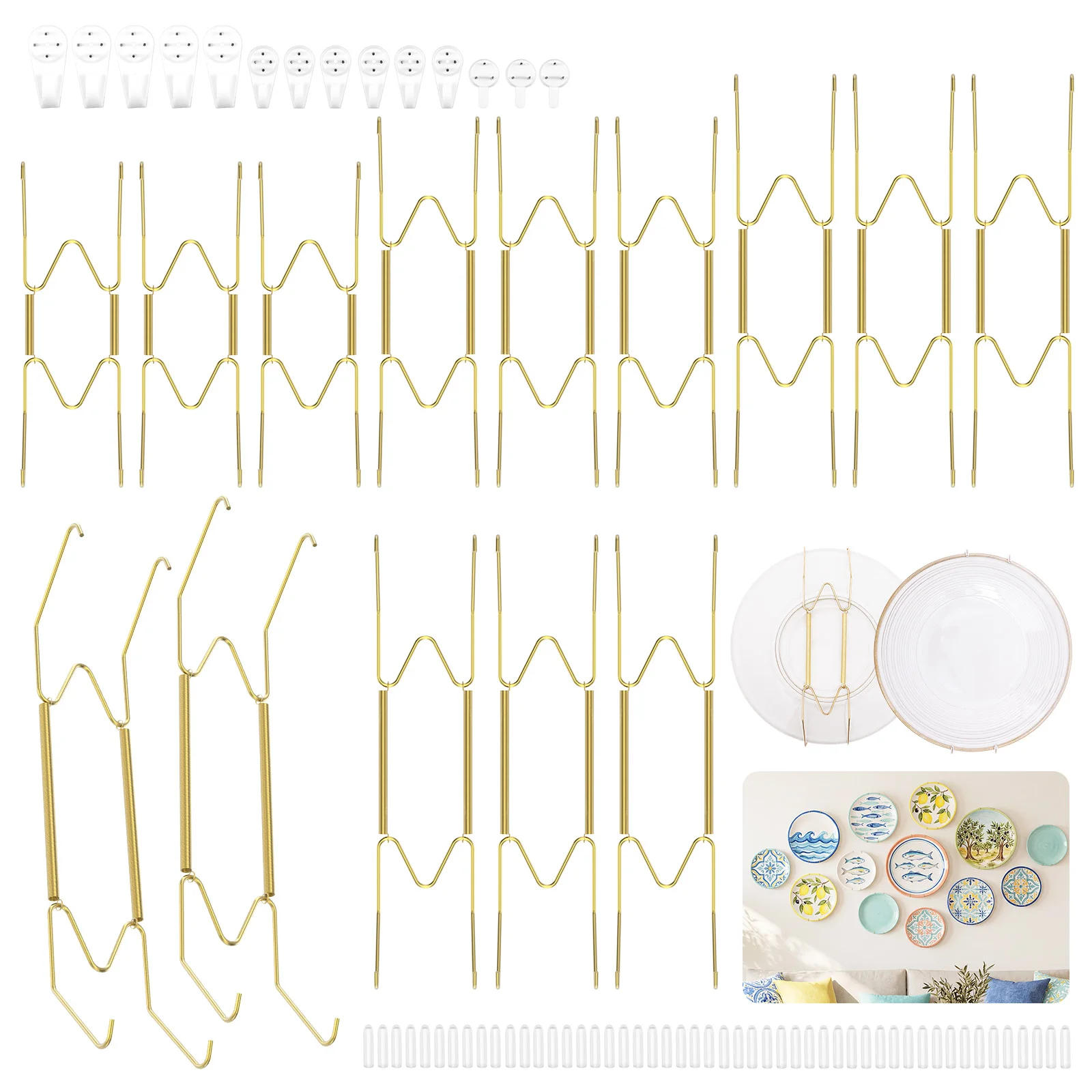 14pcs Plate Wall Hanger Spring Plates Holder Hook W-shaped Metal Wall Display Decorative Invisible Shelf Kitchen Accessories