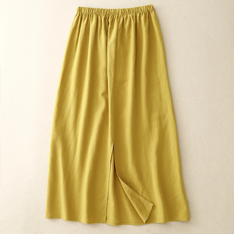 Summer Cotton Linen Blend Breathable Loose Simple Ba Split f Skirt Women Elastic Waist  Color Micro plus Size Skirt
