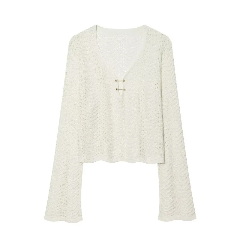 Withered Women's 2026 Summer New Product Fashionable Hollow Out Unique V-neck Long Sleeved Knitted Shirt Elastic Waist Skirt