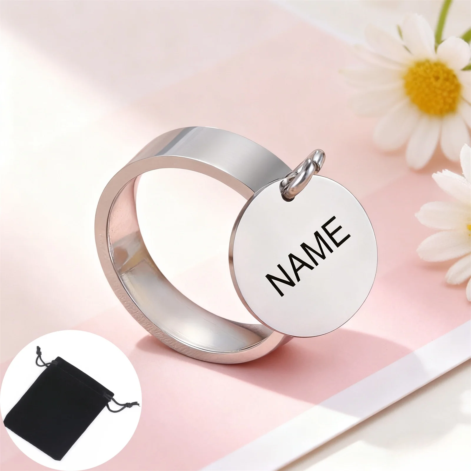 Personalisierter Ring mit Namen, Text, Datum, externer Scheibenanhänger, Edelstahl, Etikett, Name, Paarring, Verlobung, Jahrestag, Hochzeitsgeschenk
