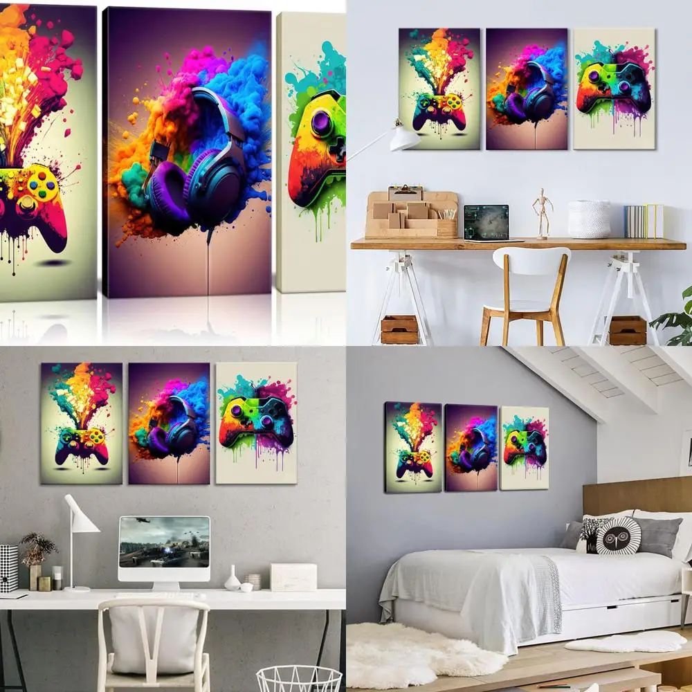 3-Piece Game Room Wall Art: Colorful Video Game Controller & Headphones Neon Prints, 16x24
