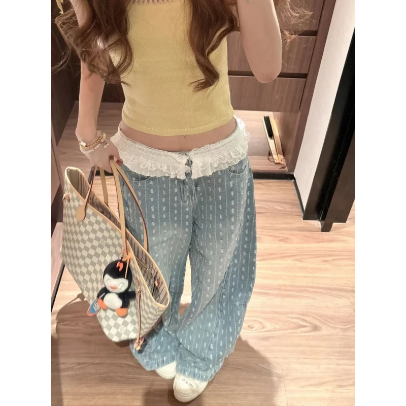 

Spice Girl Lace Edge Splicing High Waist Scimitar Wide Leg Jeans Women's Loose Skinny Straight Pants